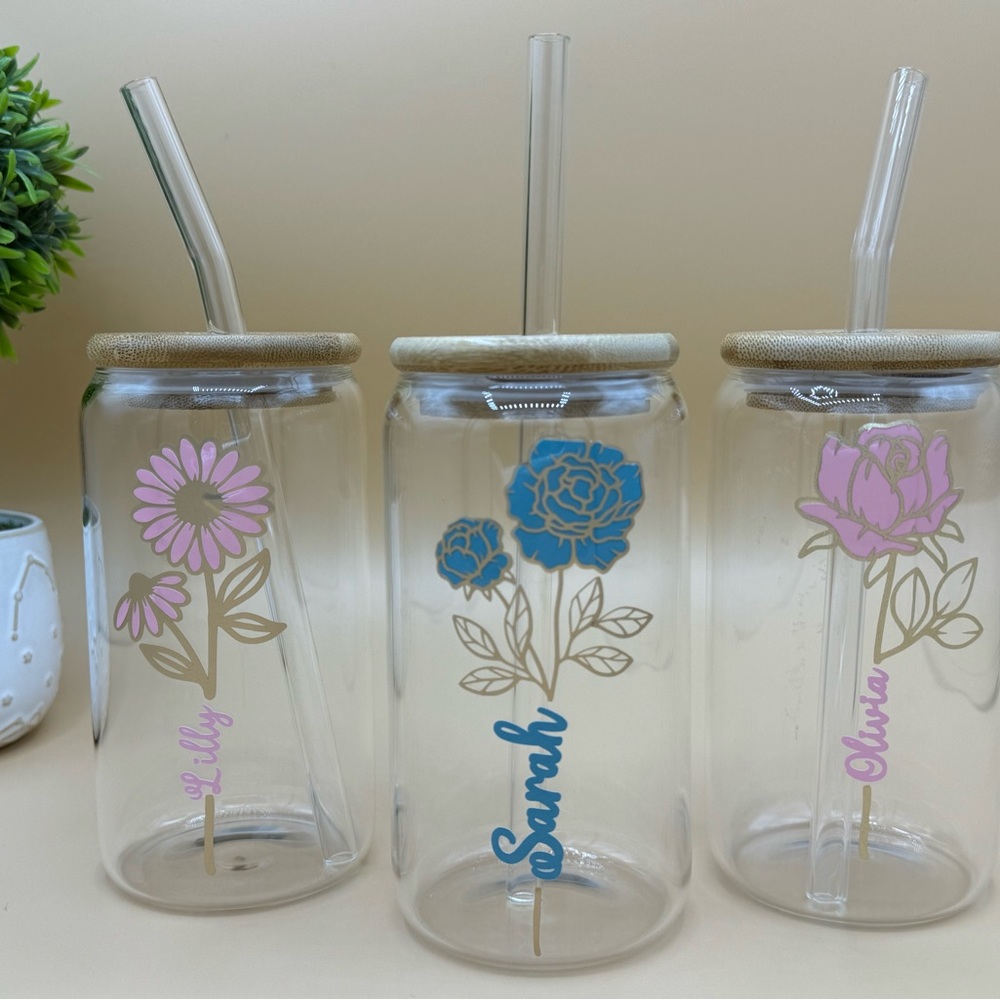 Coffee Glass Tumbler, Iced Coffee Glass, month flower Iced Coffee Cup 16 Oz
